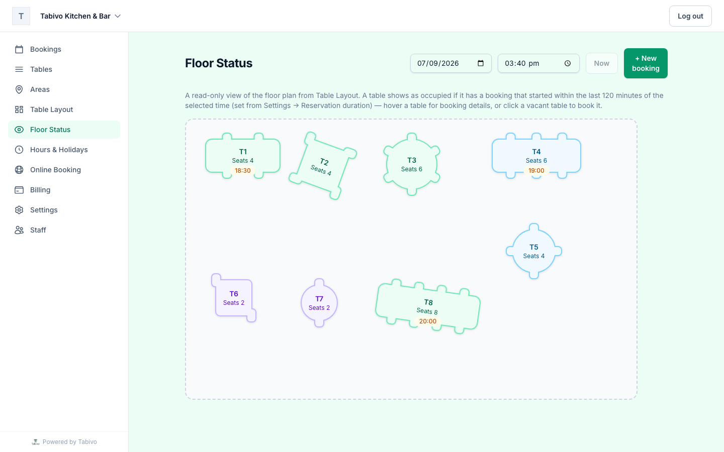 Tabivo live floor status showing occupied and upcoming tables